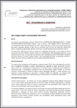 ЗВІТ НЕЗАЛЕЖНОГО АУДИТОРА ТОВ "ЗАВОД "ТЕХНО" 2020р.