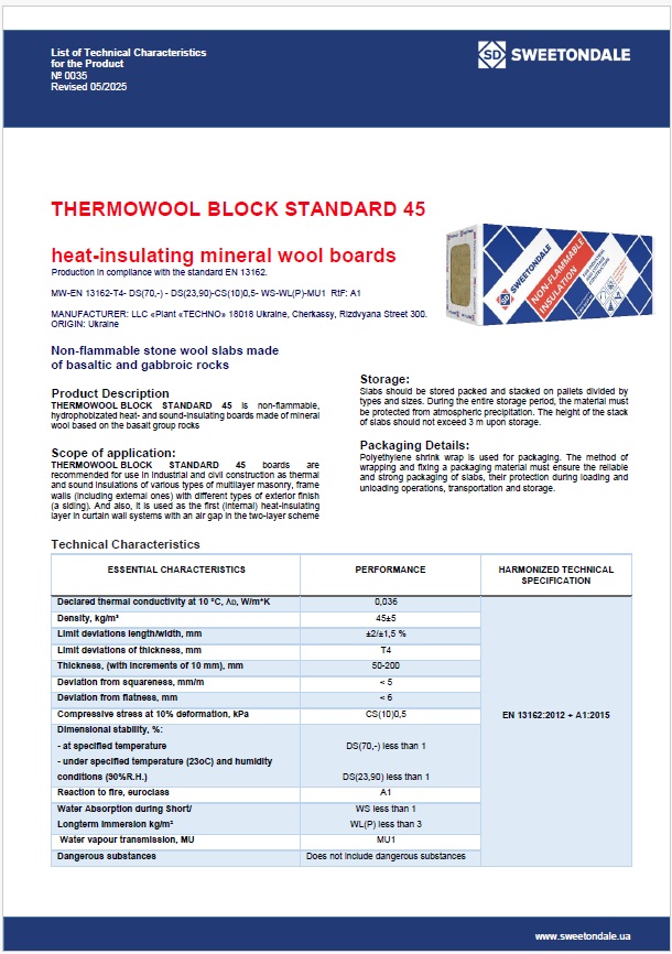 List of Technical Characteristics for the Product THERMOWOOL BLOCK STANDARD 45