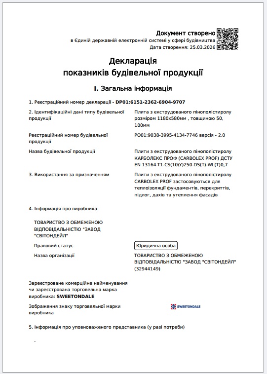 Декларація показників будівельної продукції КАРБОЛЕКС ПРОФ (CARBOLEX PROF) Розміром 1180х580мм , товщиною 50, 100мм