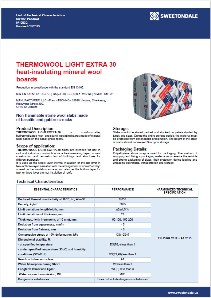 List of Technical Characteristics for the Product THERMOWOOL LIGHT OPTIMA 35
